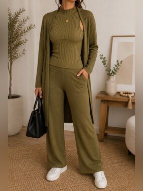 RND 3 Piece Olive Green Ribbed Knit Cardigan Tank & Wide Leg Pants NWT Size S/M